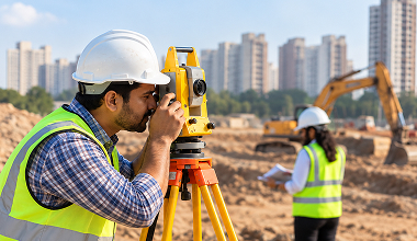 Surveyor with theodolite at a greenfield development site