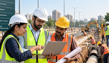 Engineers reviewing infrastructure plans at a township site