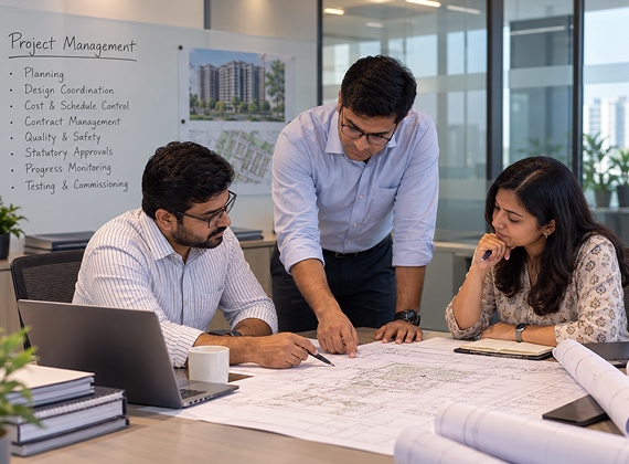 Project managers reviewing plans in a meeting