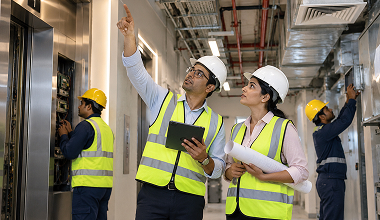 Engineers inspecting building retrofit and asset upgrade systems